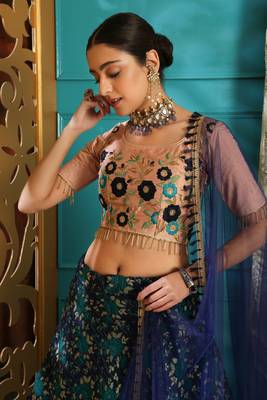 Turquoise Jacquard Jacquard Semi Stitched Lehenga 3