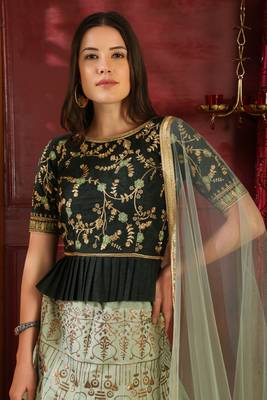 Light-Green Foilage Print Silk Semi Stitched Lehenga 4