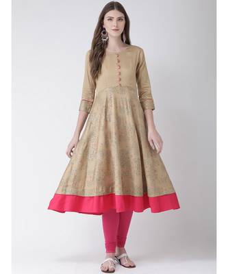Women's Beige Cotton A-line Kurta 1
