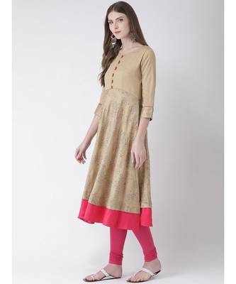 Women's Beige Cotton A-line Kurta 2