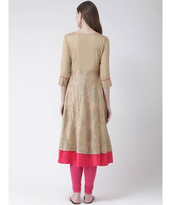 Women's Beige Cotton A-line Kurta 3