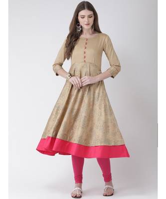 Women's Beige Cotton A-line Kurta 4