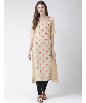 Women's Beige Cotton A-line Kurta 1