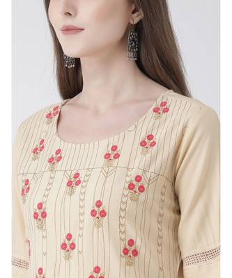 Women's Beige Cotton A-line Kurta 4