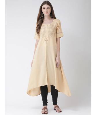 Women's Beige Cotton Silk A-line Kurta 1