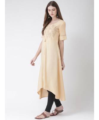 Women's Beige Cotton Silk A-line Kurta 2