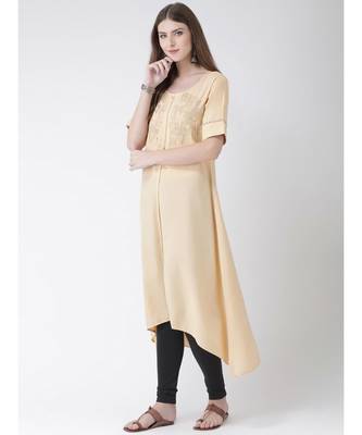 Women's Beige Cotton Silk A-line Kurta 4