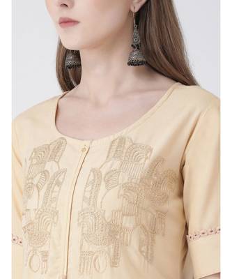 Women's Beige Cotton Silk A-line Kurta 5