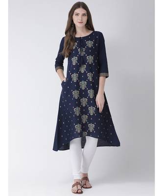 Women's  Blue Cotton Silk A-line Kurta 1