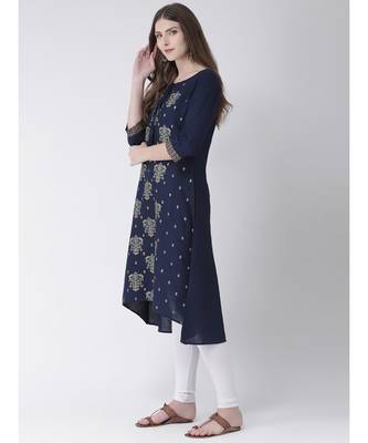 Women's  Blue Cotton Silk A-line Kurta 2