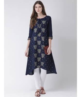 Women's  Blue Cotton Silk A-line Kurta 4