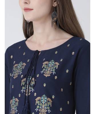 Women's  Blue Cotton Silk A-line Kurta 5