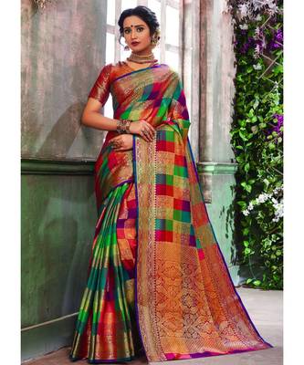 Multicolor Banarasi Pure Silk Checks Jacquard Work Traditional Saree 1