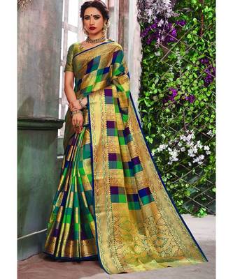 Multicolor Banarasi Pure Silk Checks Jacquard Work Traditional Saree 1
