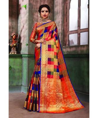 Multicolor Banarasi Pure Silk Checks Jacquard Work Traditional Saree 1
