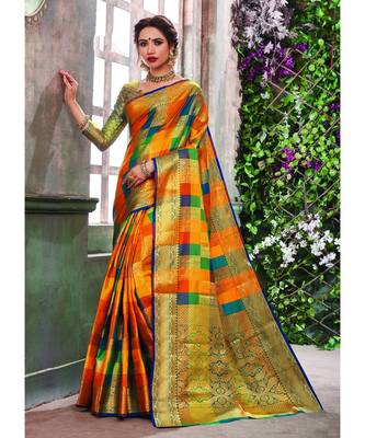 Multicolor Banarasi Pure Silk Checks Jacquard Work Traditional Saree 1