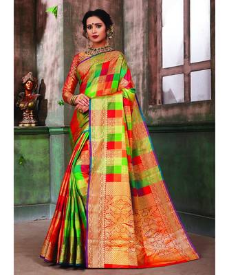 Multicolor Banarasi Pure Silk Checks Jacquard Work Traditional Saree 1