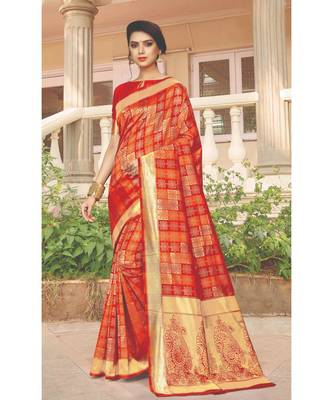 Red SIlk Checks Jacquard Work Traditional Saree 1