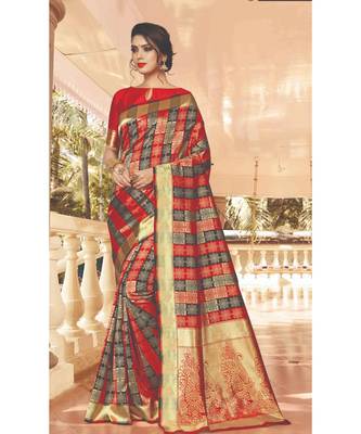 Red SIlk Checks Jacquard Work Traditional Saree 1