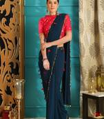 Dark Navy Blue Hand Woven Georgette Saree With Blouse
