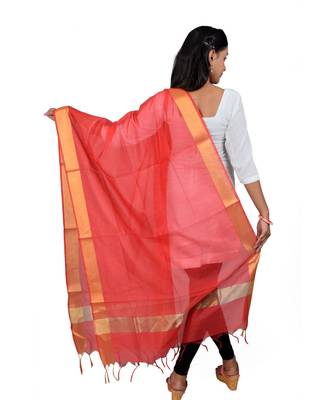 red  Cotton Chanderi Dupatta With Zari Border 1