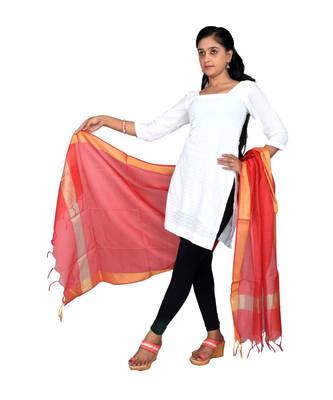red  Cotton Chanderi Dupatta With Zari Border 3
