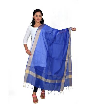 blue  Cotton Chanderi Dupatta With Zari Border 1