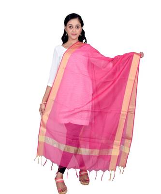 magenta  Cotton Chanderi Dupatta With Zari Border 1
