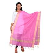 pink  Cotton Chanderi Dupatta With Zari Border