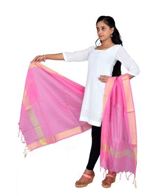 pink  Cotton Chanderi Dupatta With Zari Border 2