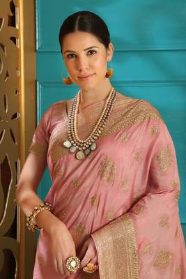 Light Pink Embroidered Silk Saree With Blouse 4