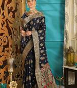 Navy Blue Embroidered Silk Saree With Blouse
