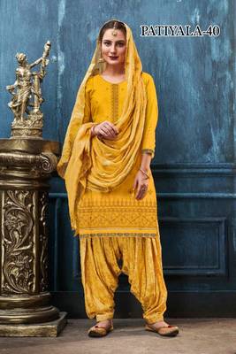Yellow embroidered satin salwar 1