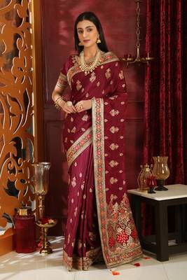 Wine Embroidered Silk Saree With Blouse 1