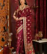 Wine Embroidered Silk Saree With Blouse