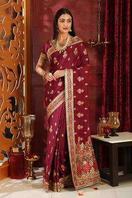 Wine Embroidered Silk Saree With Blouse 2