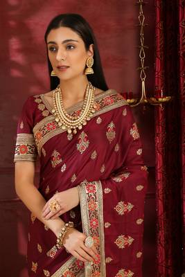 Wine Embroidered Silk Saree With Blouse 3
