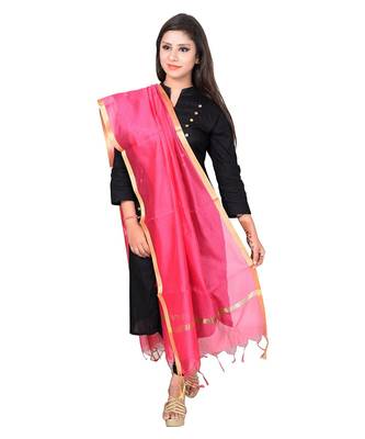 pink   Cotton Chandei Dupatta With Zari Border 1