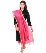 pink   Cotton Chandei Dupatta With Zari Border