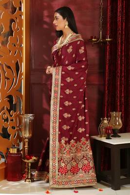Wine Embroidered Silk Saree With Blouse 4