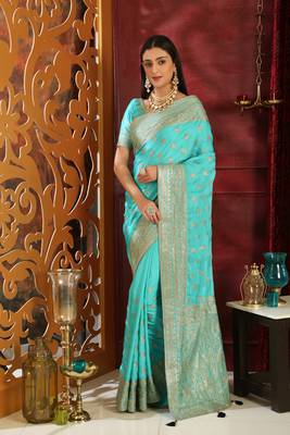 Turquoise Embroidered Silk Saree With Blouse 1