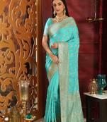 Turquoise Embroidered Silk Saree With Blouse