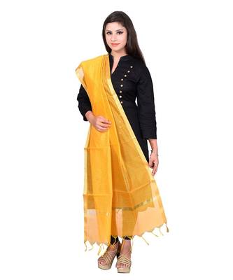 yellow   Cotton Chandei Dupatta With Zari Border 1