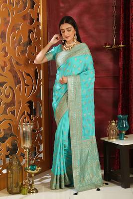 Turquoise Embroidered Silk Saree With Blouse 2