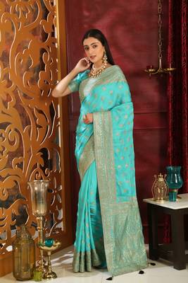 Turquoise Embroidered Silk Saree With Blouse 3