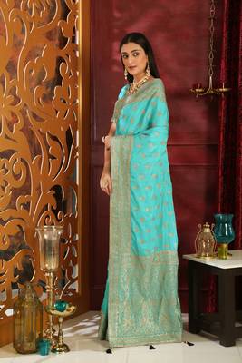 Turquoise Embroidered Silk Saree With Blouse 4