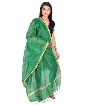 green  Cotton Chandei Dupatta With Zari Border 1