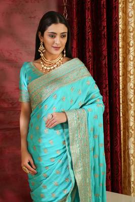 Turquoise Embroidered Silk Saree With Blouse 5