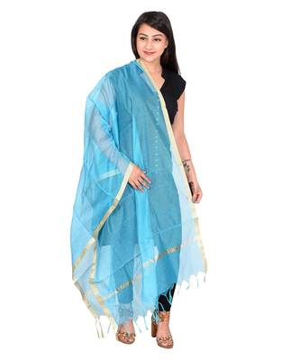blue  Cotton Chandei Dupatta With Zari Border 2