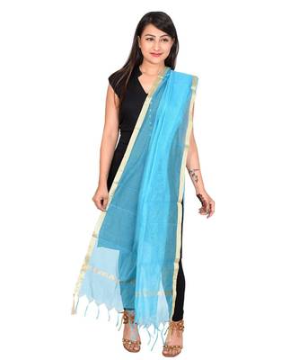 blue  Cotton Chandei Dupatta With Zari Border 3